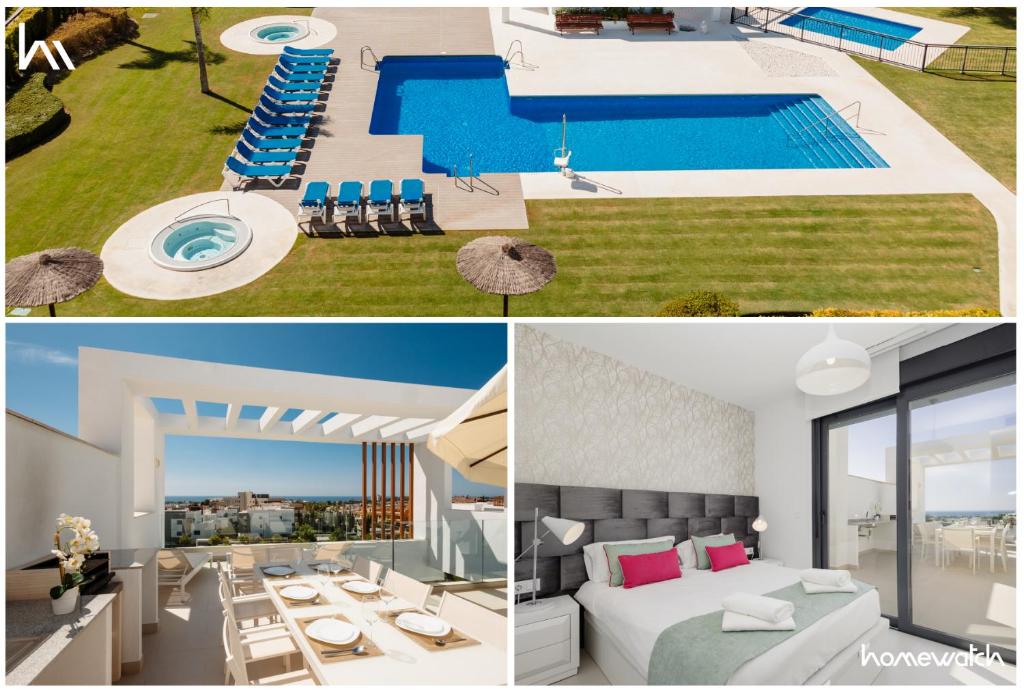 uma villa com uma piscina e uma casa em Luxury Duplex Penthouse with sea views walking distance to the beach in Los Miradores del Sol em Estepona