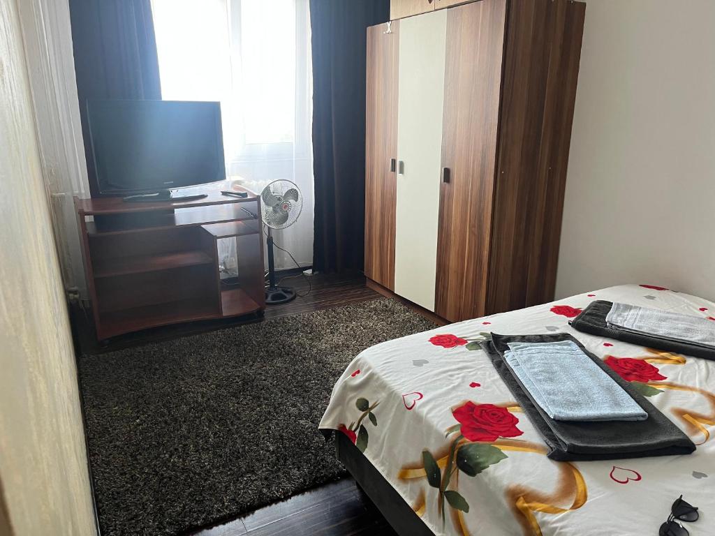 een kamer met een bed met een televisie en een bed met een dienblad bij Garsoniera 317 in Iaşi