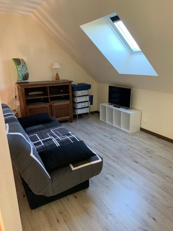 a bedroom with a bed and a television and a skylight at Gîte du Busatier in Marcillac-la-Croisille