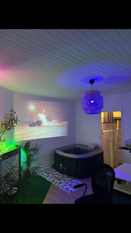 - un salon avec un canapé dans une pièce dotée d'une terrasse dans l'établissement Un jacuzzi a Bordeaux, à Bordeaux