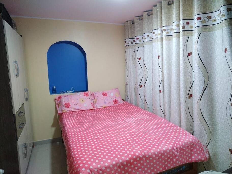 Cette petite chambre comprend un lit rose et une fenêtre. dans l'établissement Mi hermosa Casita con baño y cocina privados, à Lima