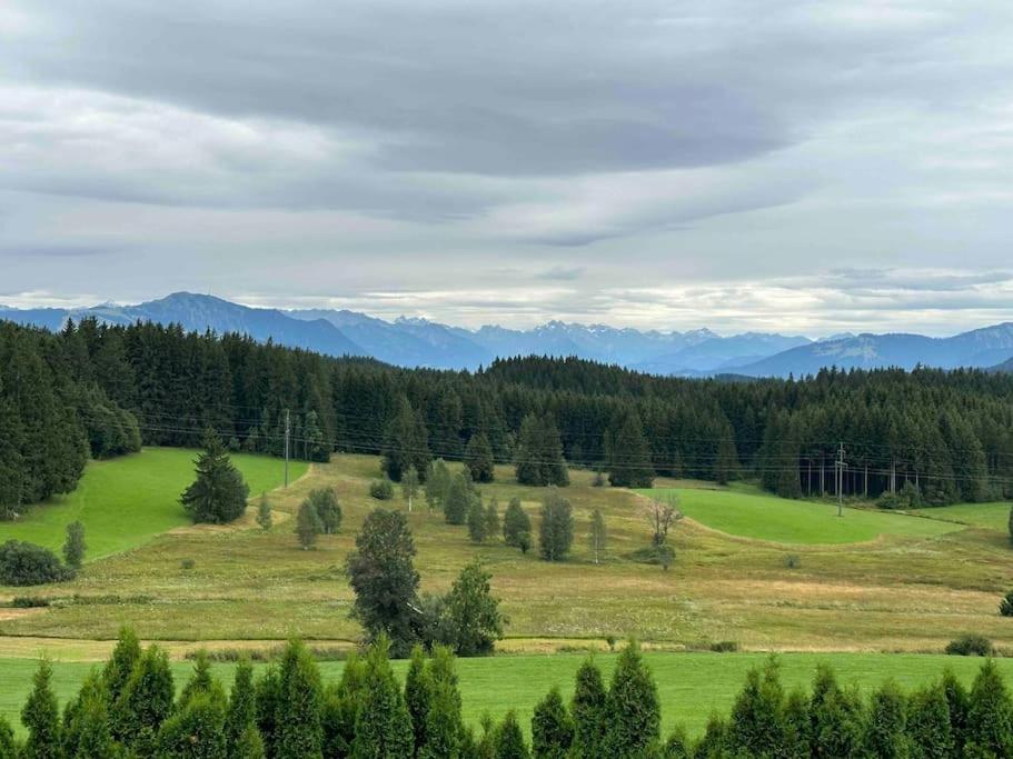 um campo verde com árvores e montanhas ao fundo em Modernes Apartment mit 180° Bergblick em Buchenberg