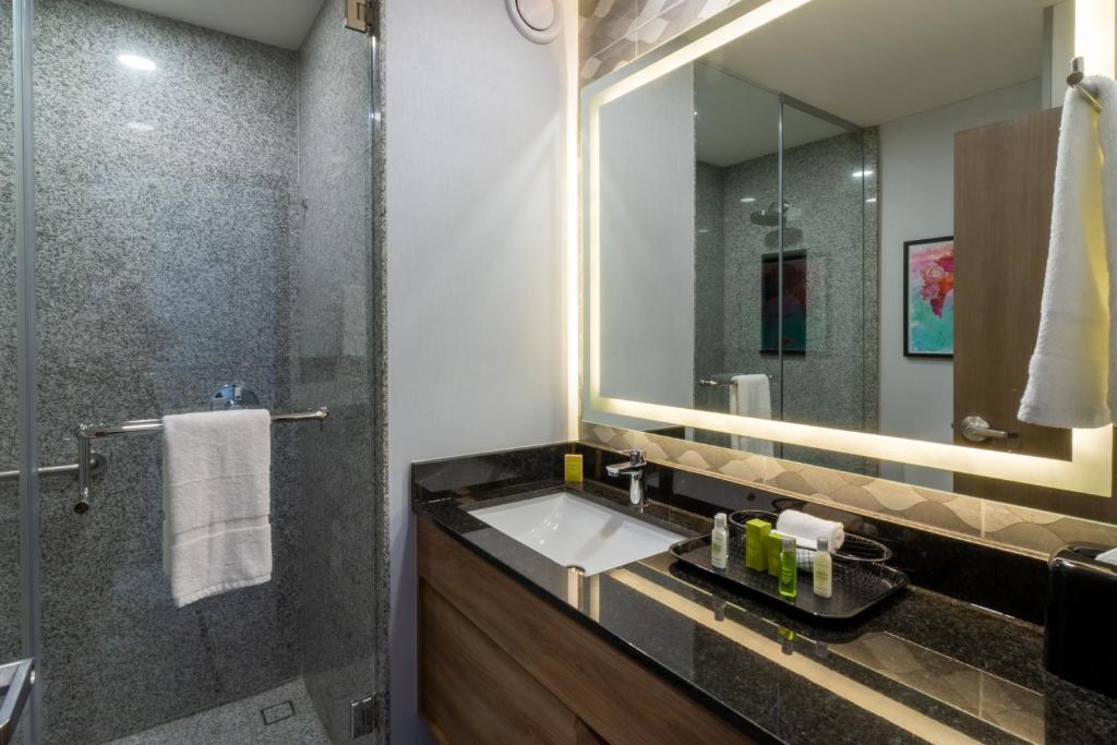 La salle de bains est pourvue d'un lavabo et d'un miroir. dans l'établissement Hampton by Hilton Aguascalientes Downtown, à Aguascalientes