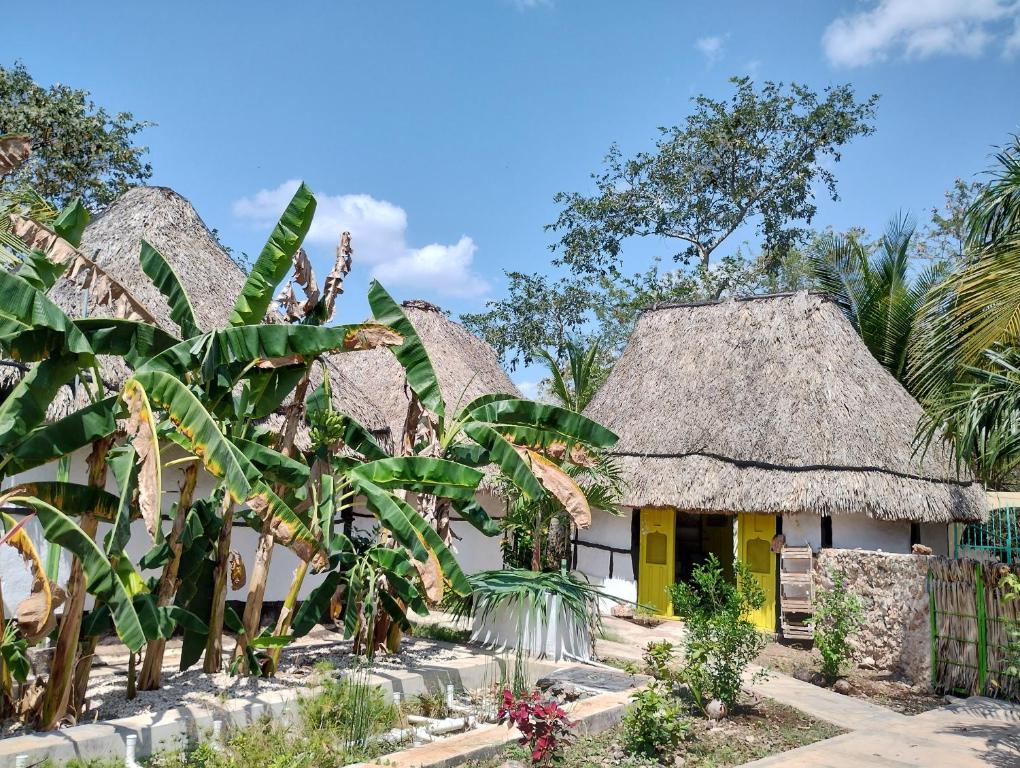 un grupo de cabañas con techo de paja en Casa Maya 3 Culturas - Alberca - Wifi Starlink - Tour Sostenibilidad, en Izamal