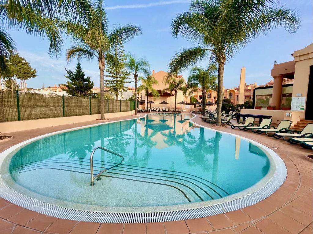 una gran piscina con sillas y palmeras en E&M Apartment Luz, en Luz