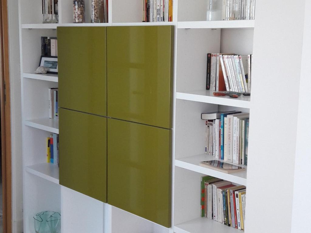 a book shelf with green dividers at Appartement Châtelaillon-Plage, 2 pièces, 4 personnes - FR-1-706-2 in Châtelaillon-Plage