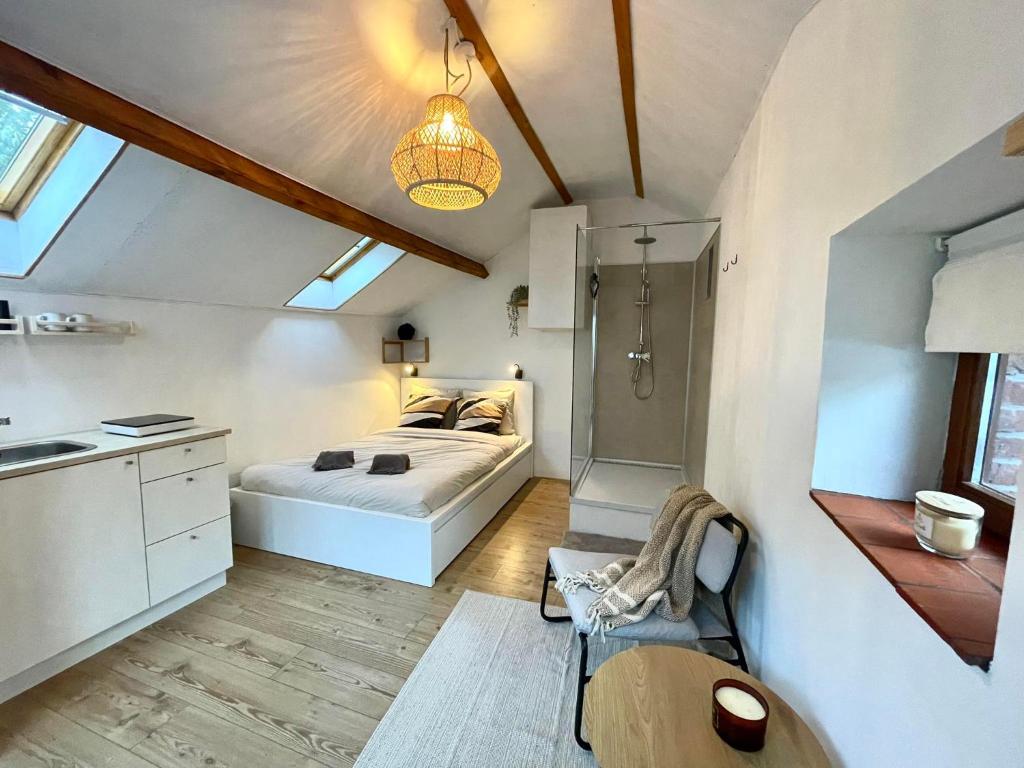 a bedroom with a bed and a bathroom with a sink at Four à pain in Sprimont