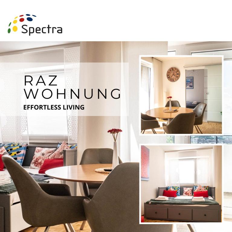 Hotel Modern, fully equipped apartment, ideal for Messe fair, a collage of photos of a room with a table and chairs at Modern, fully equipped apartment, ideal for Messe fair in Hannover