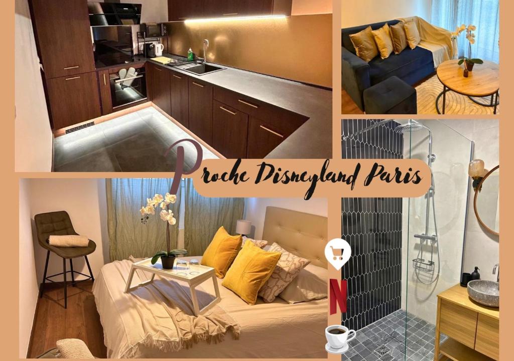 a collage of pictures of a small apartment at Splendide Appart’ près de Disney in Montévrain