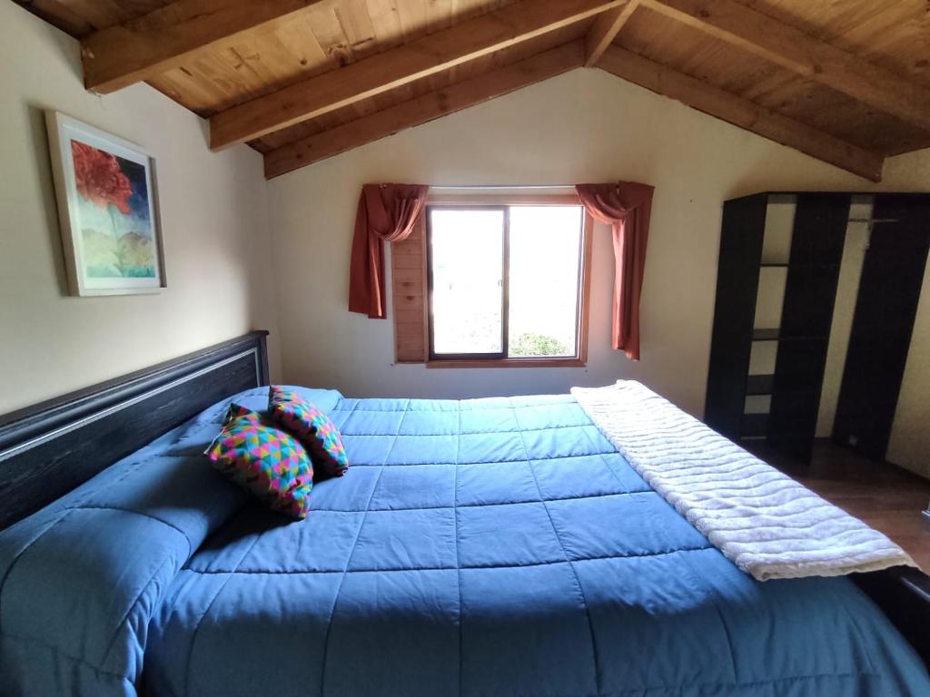 a large blue bed in a room with a window at Cabaña con muro de escalada in Pucón