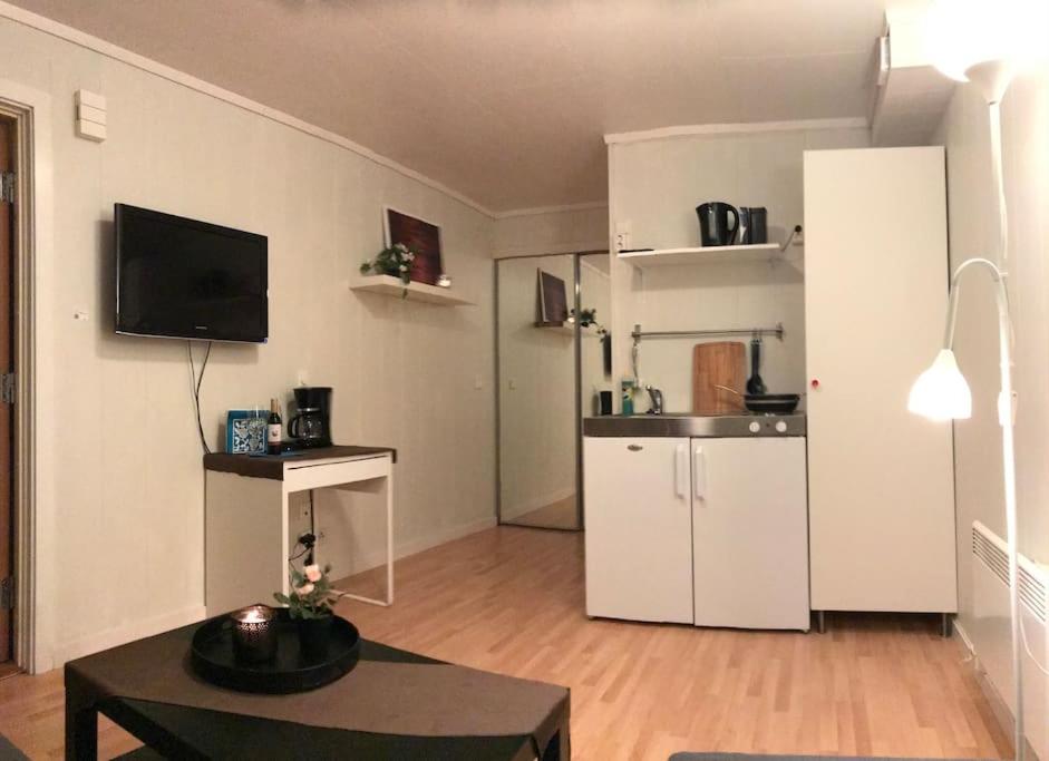 a living room with a television and a kitchen at Leilighet i Hamar sentrum in Hamar