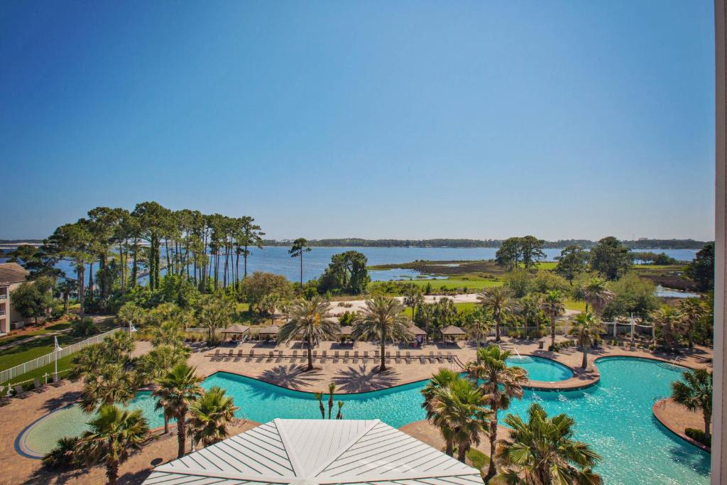 an aerial view of the pool at the resort at Reflections by Panhandle Getaways in Panama City Beach