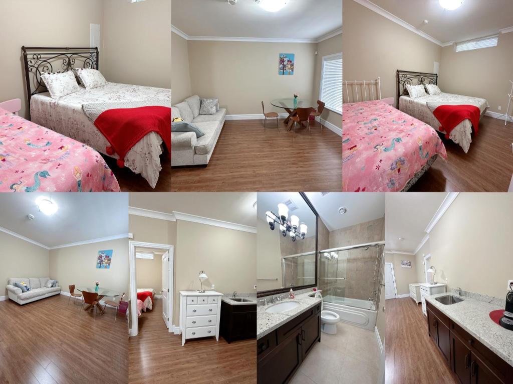un collage de tres fotos de un dormitorio en Hudson House en Vancouver