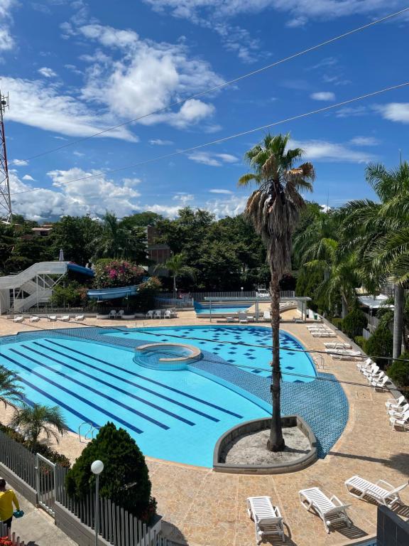 a large swimming pool with a palm tree in a resort at Apartasol Santafe de Antioquia 15 in Santa Fe de Antioquia