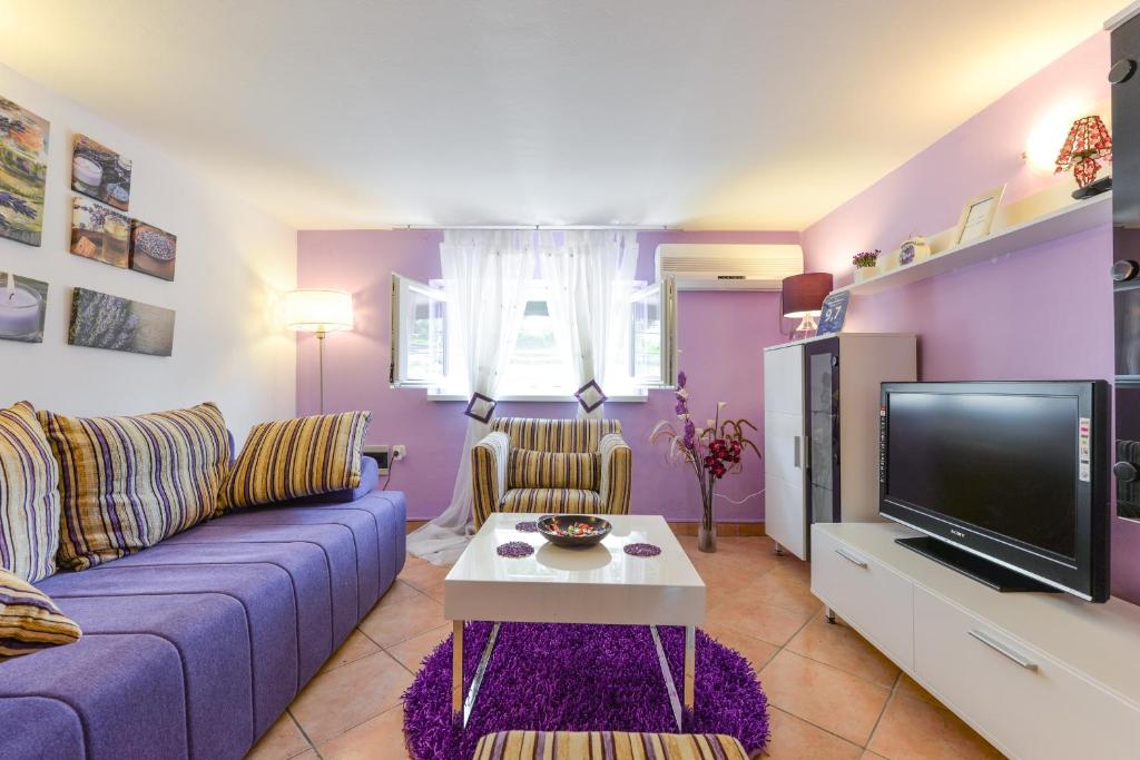 sala de estar con sofá azul y TV en Apartment Mirana with garden and FREE parking, en Zadar