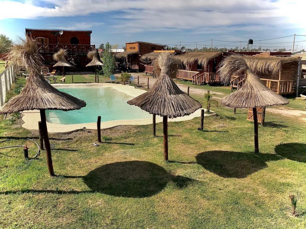 a group of straw umbrellas in front of a pool at CABAÑAS COSTA RIBERA in Timbues