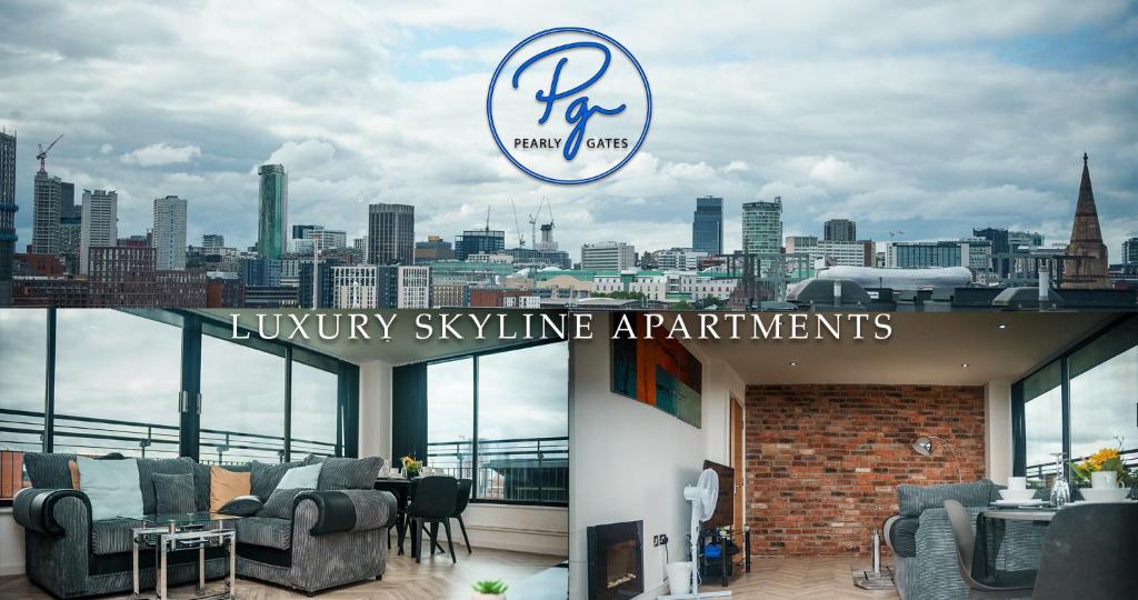 a living room with a view of a city at Penthouse With City Skyline Views - Free Parking - Balcony - King Size Bed - Netflix in Birmingham