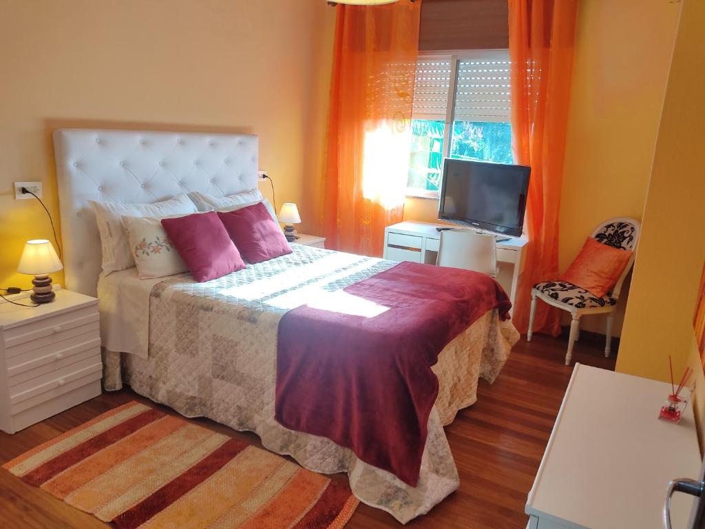 1 dormitorio con 1 cama grande y TV en Casa do Lucio, en Rianjo