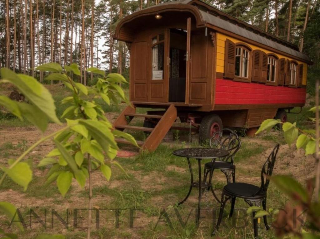 a train car parked in a field with chairs and a table at Zigappo Directeur in Lychen