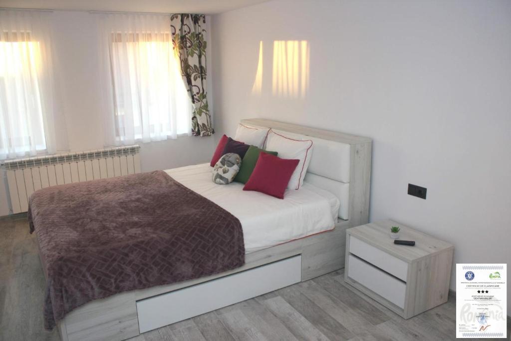 a bedroom with a large bed with red and green pillows at Amedeea's Apartment in Sibiu