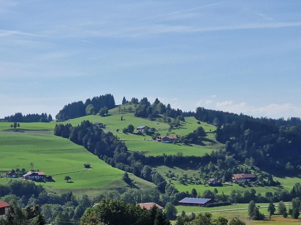 Una colina verde con casas y árboles. en Allgäuer Ausblick, en Missen-Wilhams