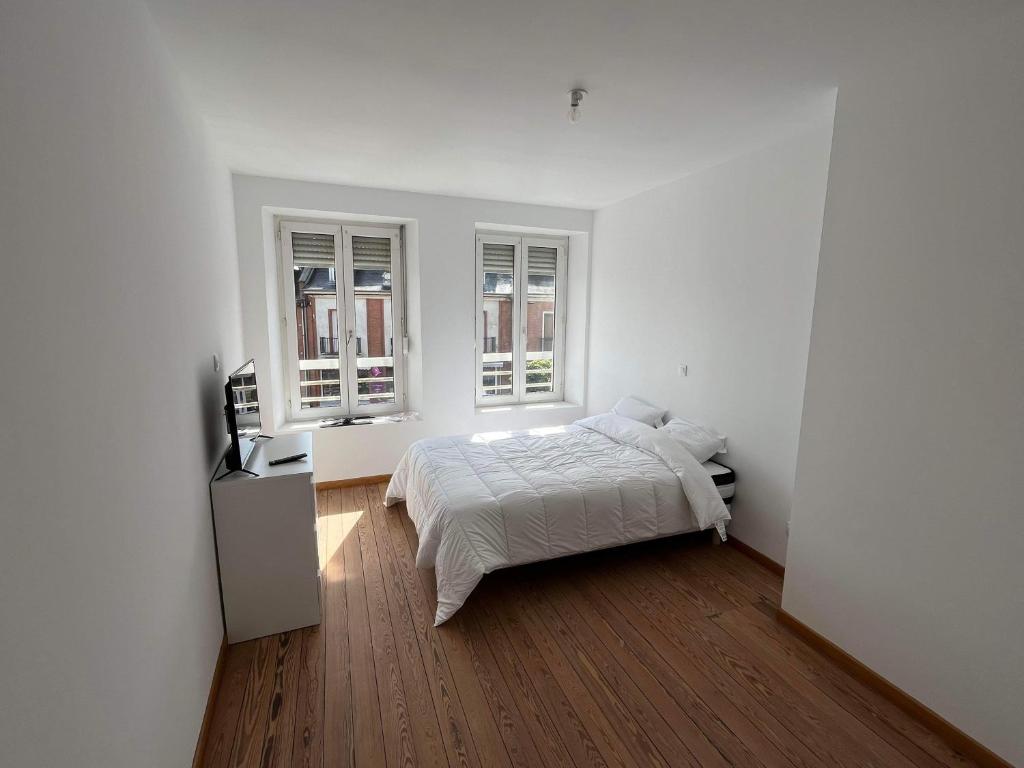 1 dormitorio blanco con 1 cama y 2 ventanas en Chez Tiago, en Nesle