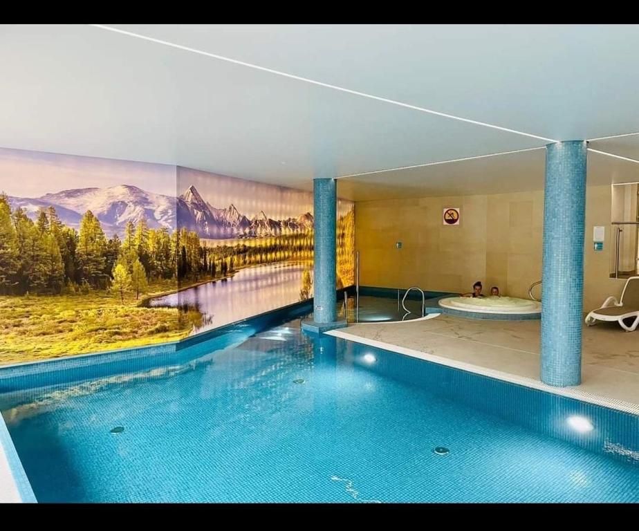 施柯拉爾斯卡波倫巴的住宿－Apartament Michaś，浴室设有游泳池,墙上挂有绘画作品