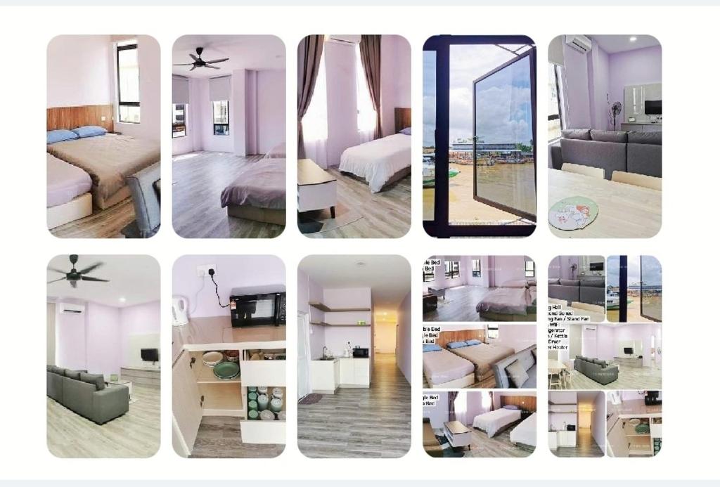 eine Collage mit Fotos eines Hotelzimmers in der Unterkunft MersingFirstFloor丰盛港二楼民宿 in Mersing