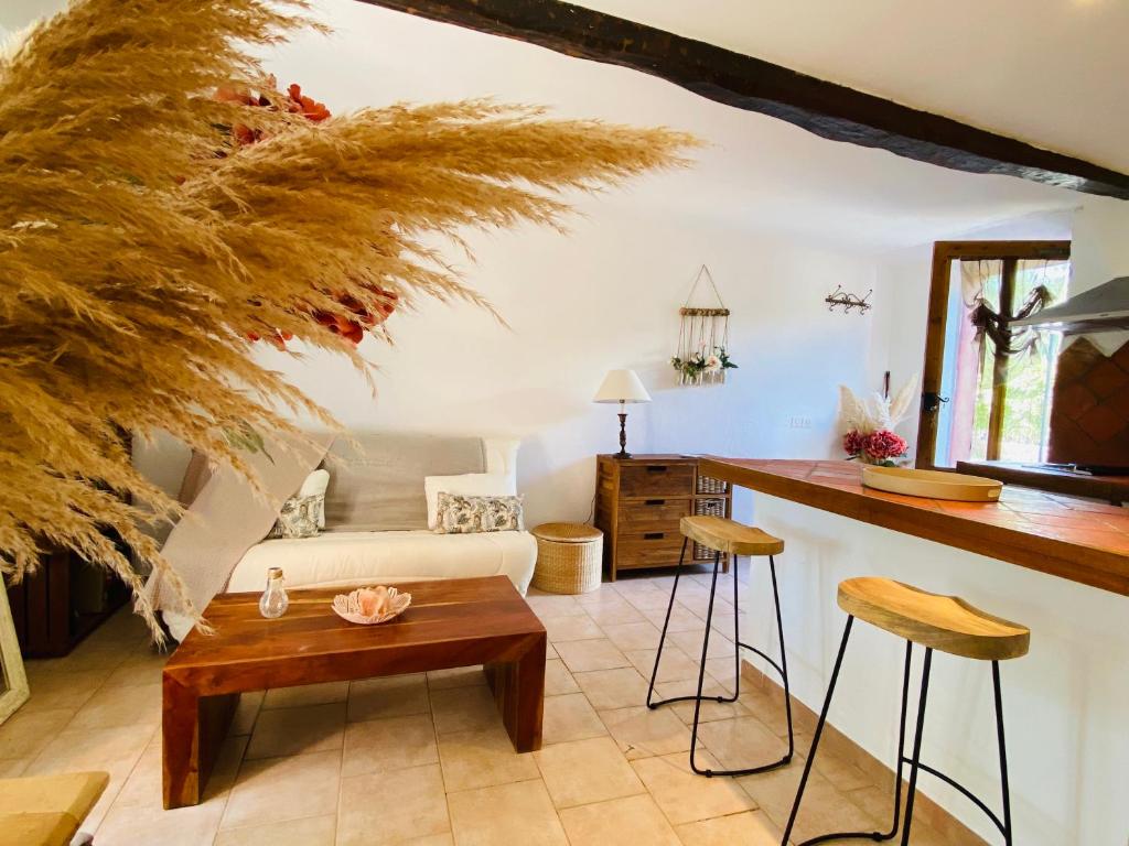 a living room with a couch and a table at Appart Karibu in Callian