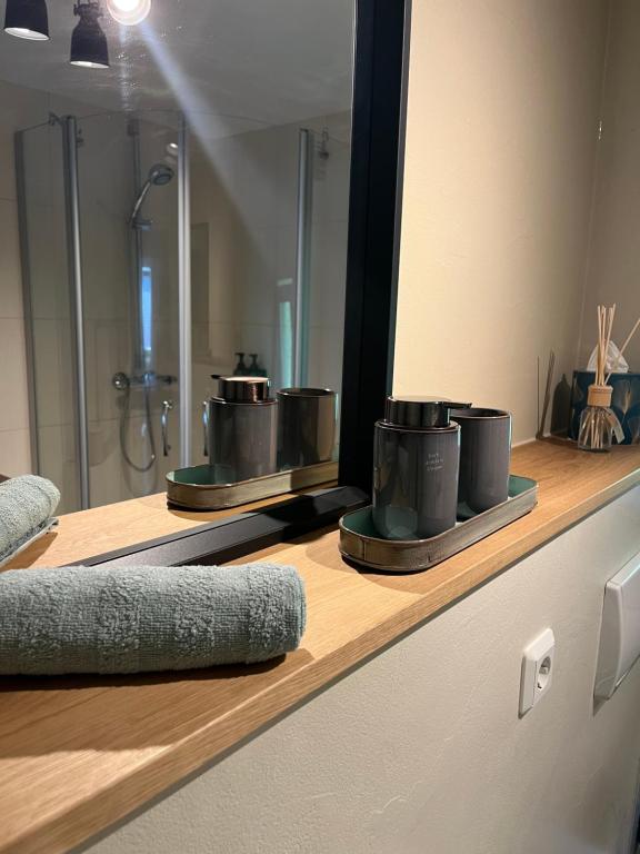 Hohleborn的住宿－Maisonette für 6P mit toller Aussicht，浴室的柜台在镜子上装有两个盆子