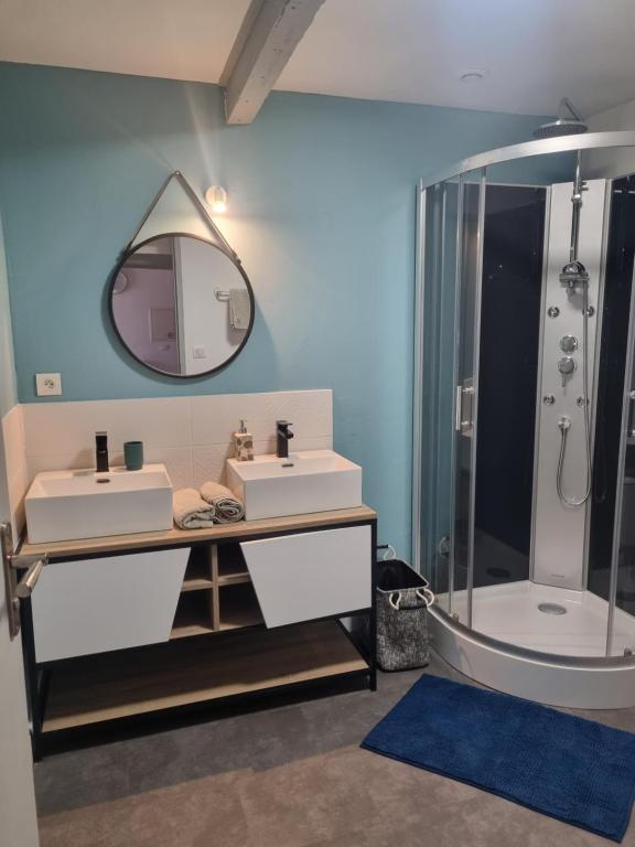 een badkamer met 2 wastafels, een spiegel en een douche bij APPARTEMENT COSY 