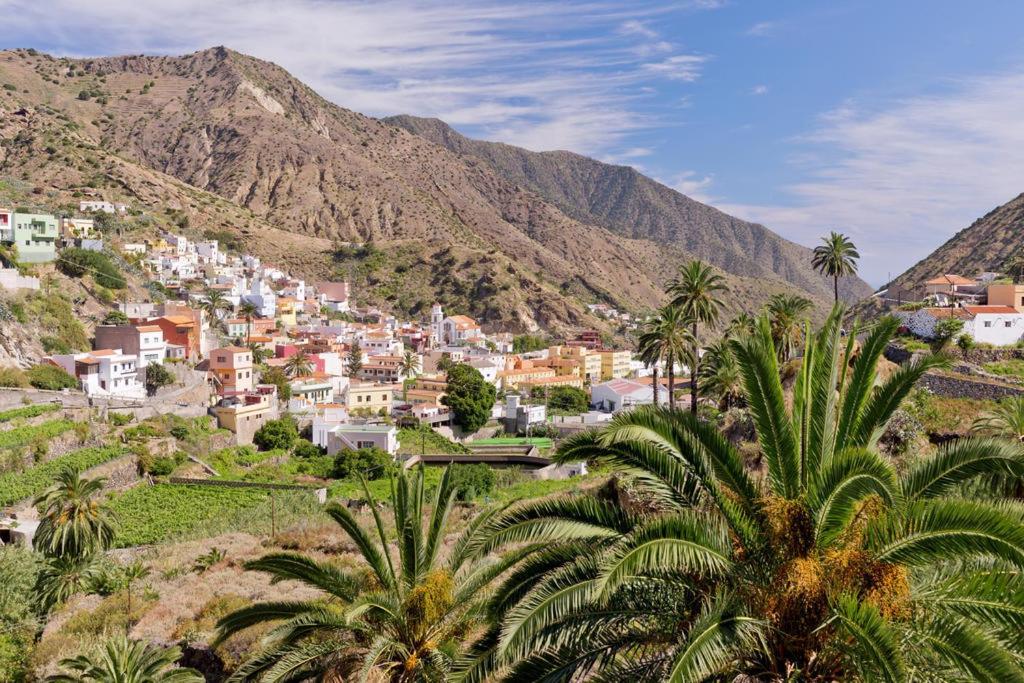 a town on a hill with palm trees and mountains at Tamahuche Hotel Rural in Vallehermoso
