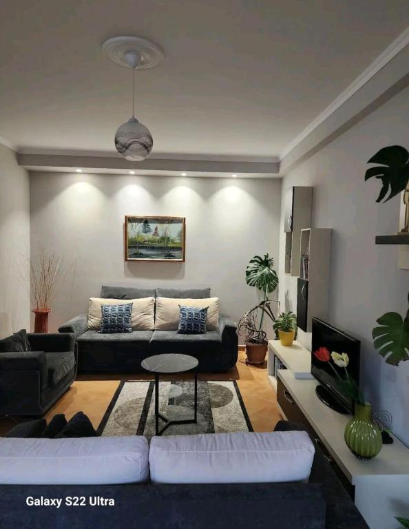 ein Wohnzimmer mit einem Sofa und einem Tisch in der Unterkunft cancel in Tirana