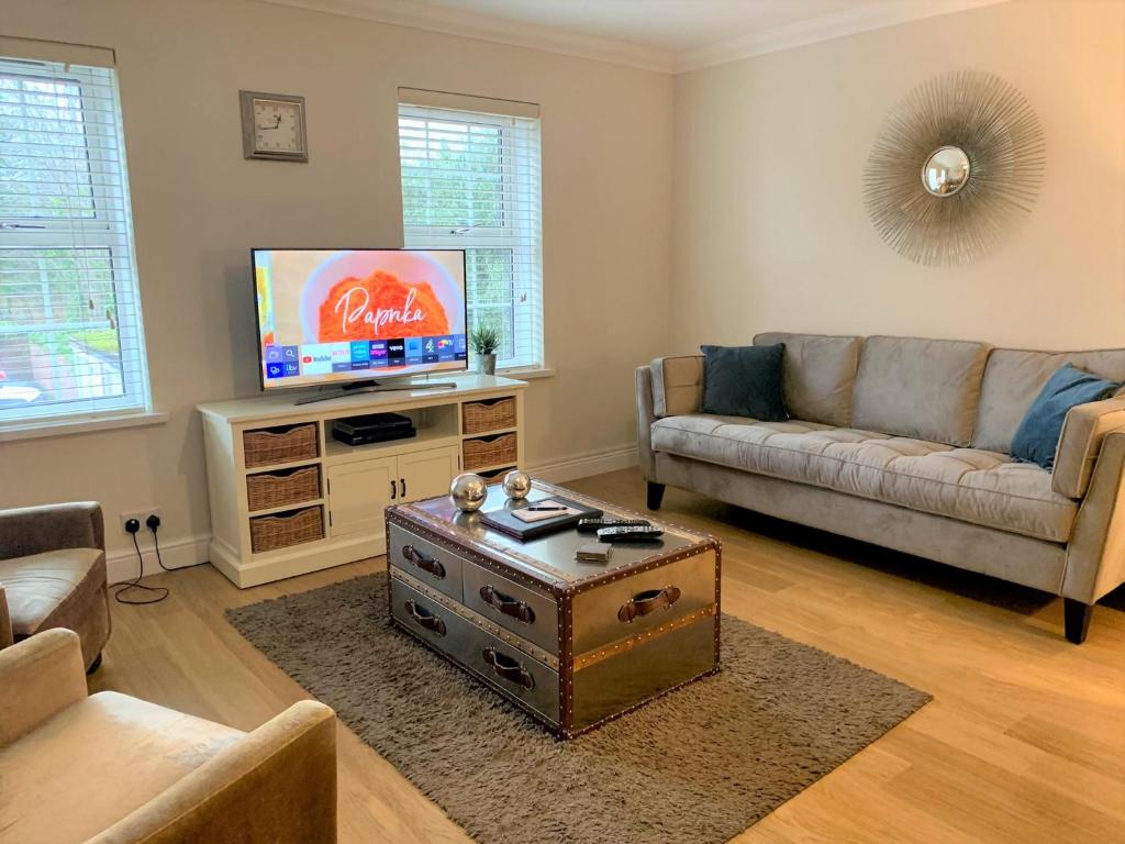 a living room with a couch and a tv at Spacious 2-Bedroom Apartments in Windsor in Windsor