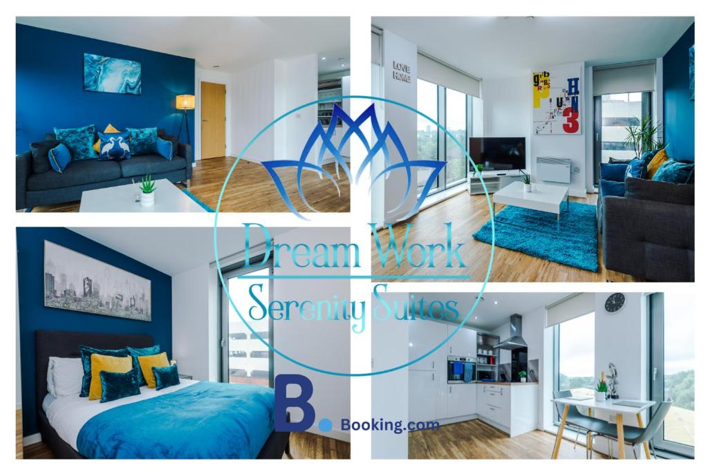 a collage of photos of a bedroom and a living room at Modern Central Manchester Serviced Apartment with 24-7 Gym Access in Manchester