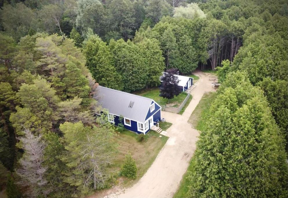 Una vista aérea de una casa rodante azul y blanca en el bosque. en Cottage Retreat on 11 Acres, en Flesherton