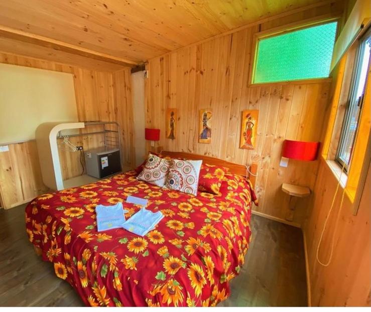 1 dormitorio con 1 cama en una habitación de madera en FULL SPA ISLA NEGRA Suites en Isla Negra