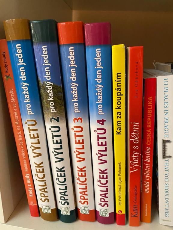 een rij boeken op een plank bij Apartment Neratovice in Neratovice