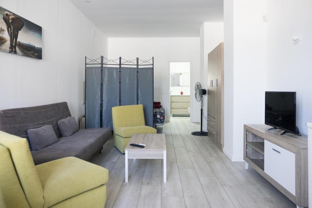 salon z kanapą i telewizorem w obiekcie Apartamento VELARDE CENTER one w Maladze