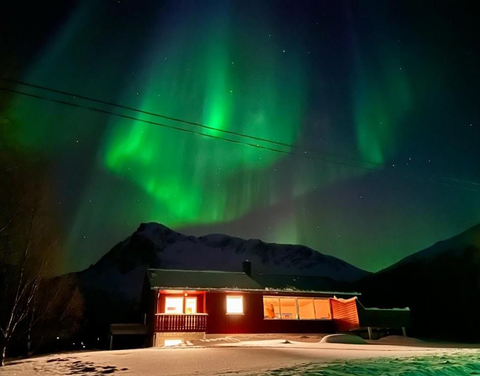 an image of the aurora borealis over a house at Lofoten Red Villa in Laupstad