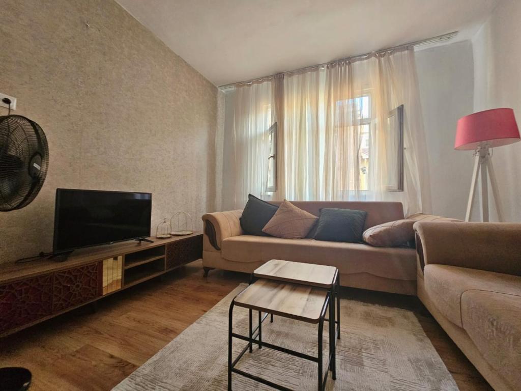 een woonkamer met een bank en een tv bij Clover Flower house in Istanbul