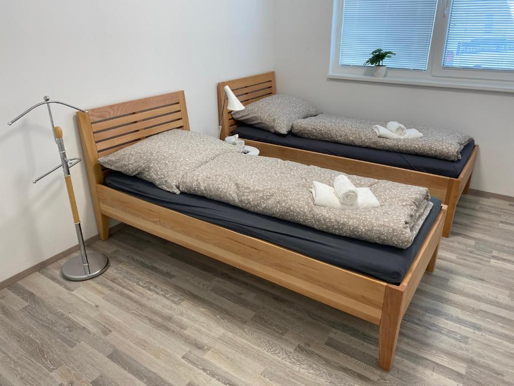 En eller flere senge i et værelse på Apartmány Hodonín