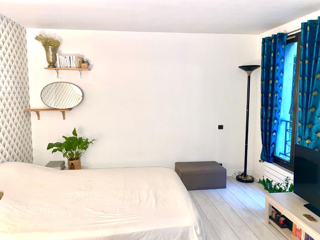 a bedroom with a white bed and a television at Appartement Studio Champs Elysées in Paris