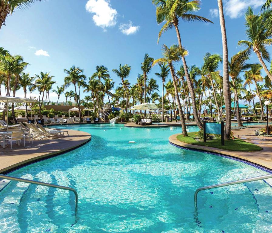 una piscina en un complejo con palmeras en Hilton Ponce Golf & Casino Resort en Ponce