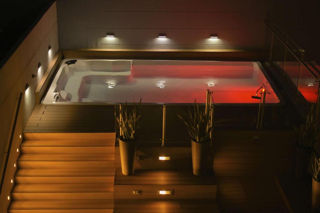 a bath tub with two potted plants on the stairs at Hampton By Hilton Valledupar in Valledupar