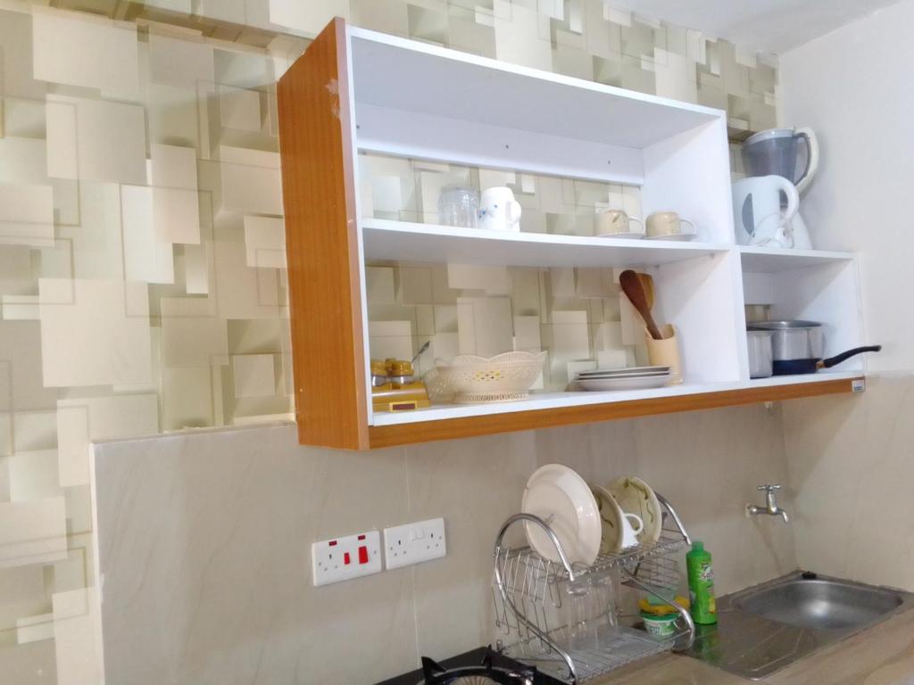 eine Küche mit einem Waschbecken und einem Regal mit Geschirr in der Unterkunft Tsavo 90 degrees smart view in Nairobi
