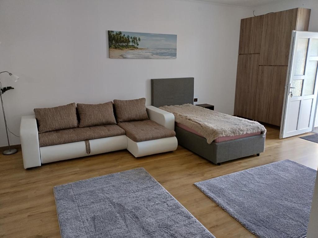 a living room with a couch and a bed at TSG apartament 2 in Valea lui Mihai