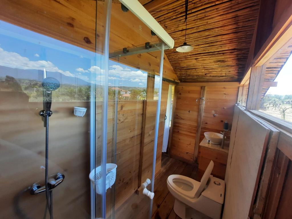 a bathroom with a toilet and a glass shower at Glamping El Muelle in Villa de Leyva