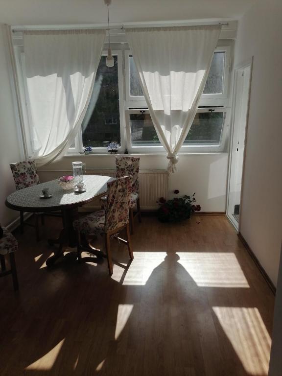 a dining room with a table and chairs and windows at Flowers Apartment Tuzla in Tuzla