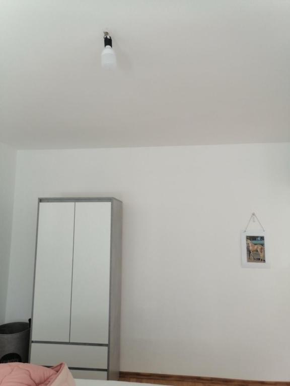 a bedroom with a white wall and a mirror at Flowers Apartment Tuzla in Tuzla